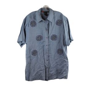 IB Diffusion Blue Women's Tunic Short Sleeve Top Blouse Button Up 16 049